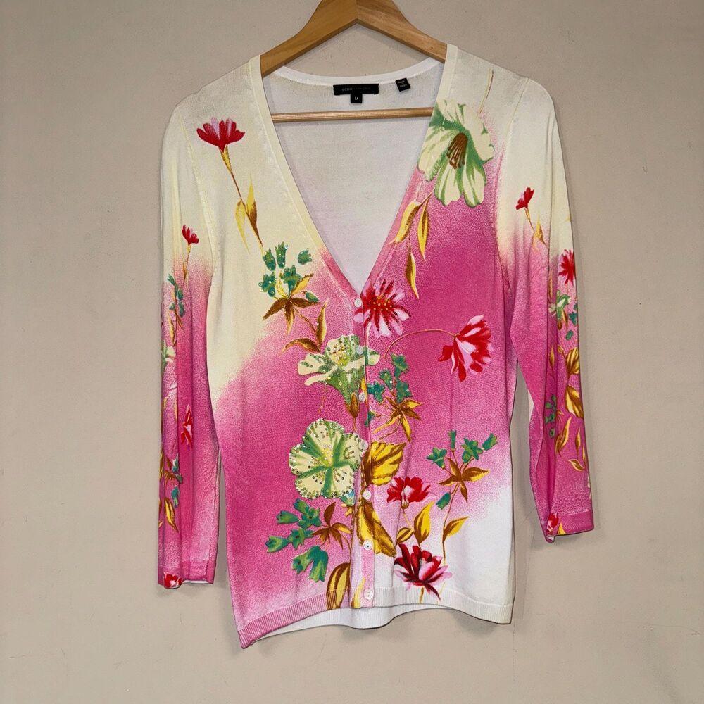 BCBG Cardigan Sweater Womens M Floral Beaded VNeck Pink White Spring Lightweight